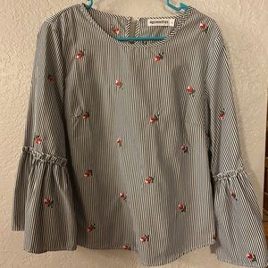 striped blouse with embroidered roses